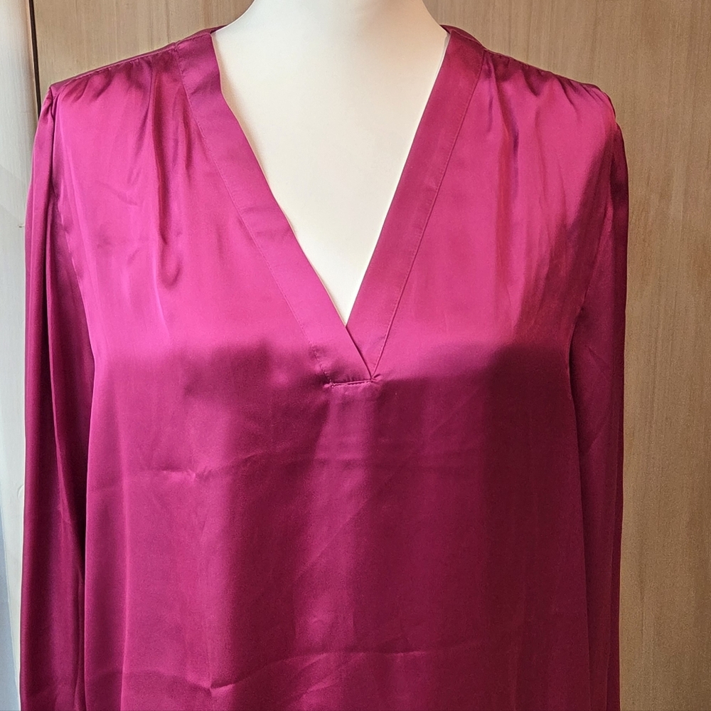 Express Fuchsia V-Neck Women's Satin Long Sleeve Blouse